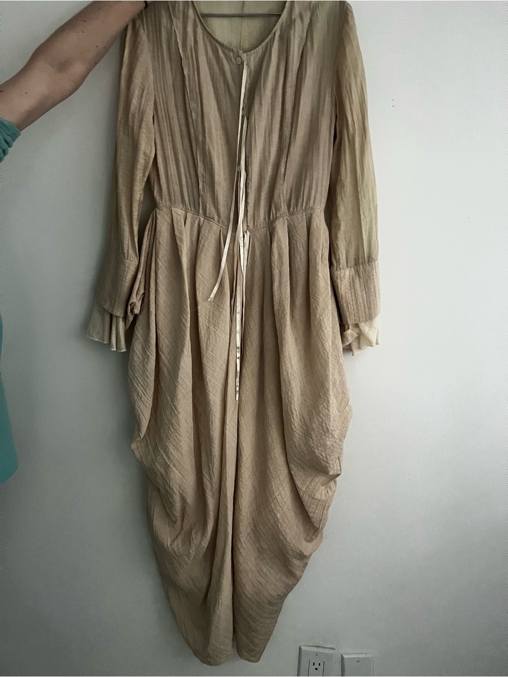 Light Beige Women's Gathered Waist Long Sleeve Dress